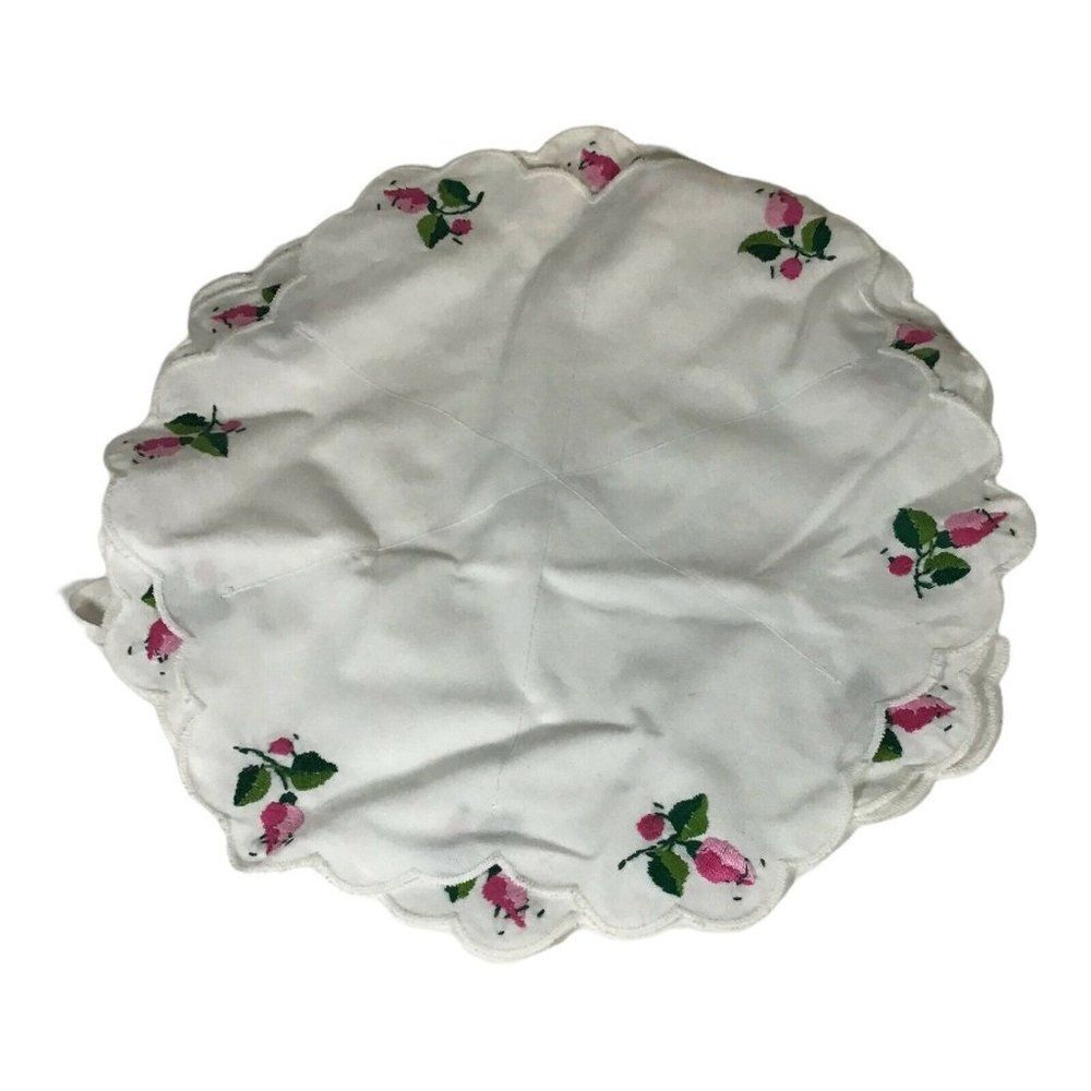 Vtg Embroidered Pink Roses Cotton Bread Roll Biscuit Cozy Holder Linen Warmer